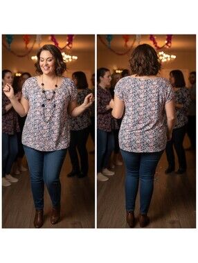 1938 - Emily Stacy Women's Plus Size 3X Floral Patterned Blouse with Necklace